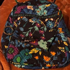 Vera Bradley Black Multi Floral Quilted Backpack with Teal & Purple Accents